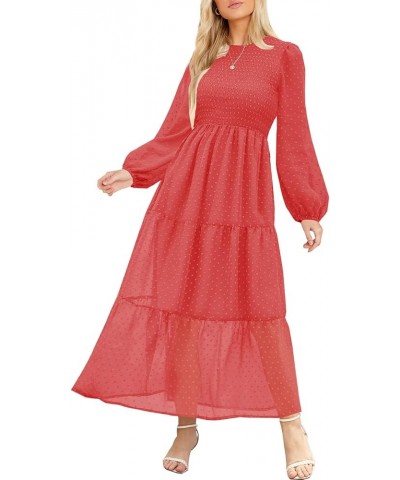 Women's Elegant Floral Long Sleeve Round Neck Smocked A-Line Flowy Tiered Maxi Dress with Pockets 01-rust Red $29.69 Dresses