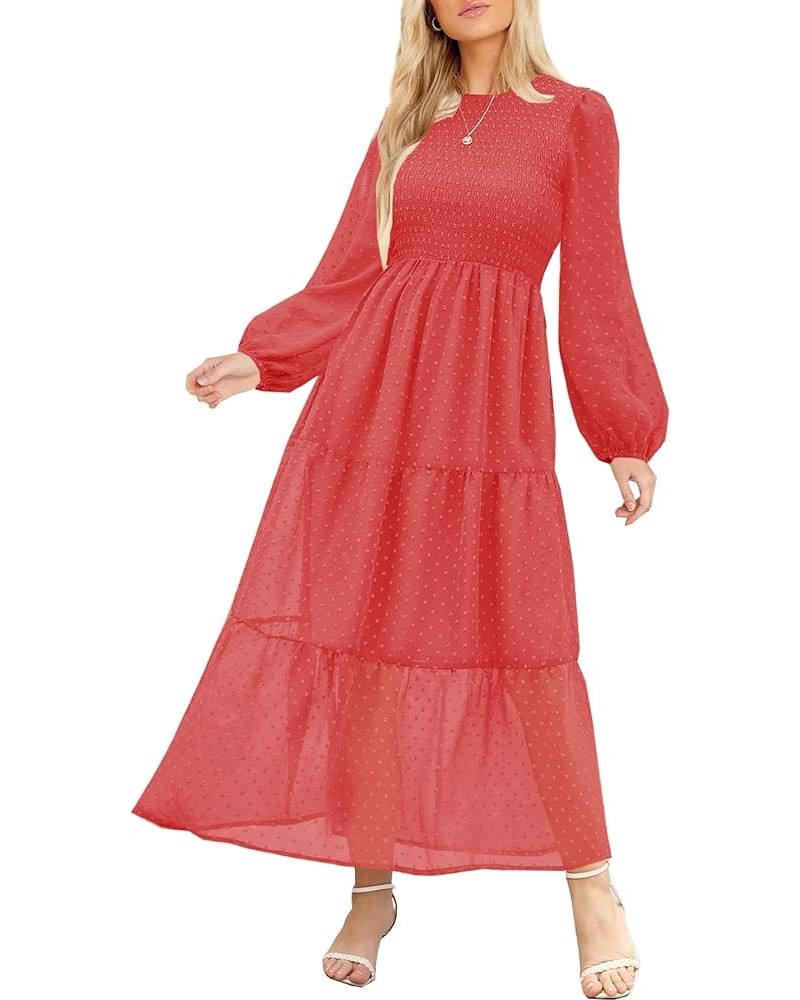 Women's Elegant Floral Long Sleeve Round Neck Smocked A-Line Flowy Tiered Maxi Dress with Pockets 01-rust Red $29.69 Dresses