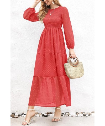 Women's Elegant Floral Long Sleeve Round Neck Smocked A-Line Flowy Tiered Maxi Dress with Pockets 01-rust Red $29.69 Dresses