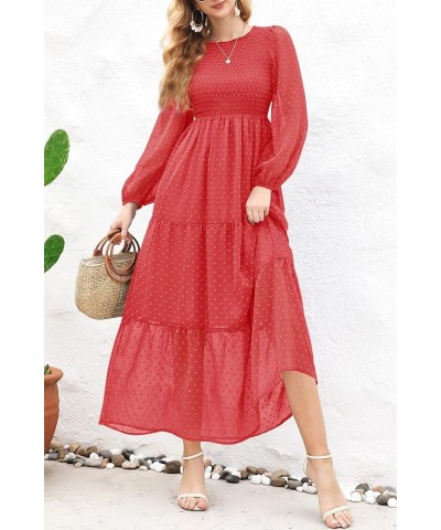 Women's Elegant Floral Long Sleeve Round Neck Smocked A-Line Flowy Tiered Maxi Dress with Pockets 01-rust Red $29.69 Dresses