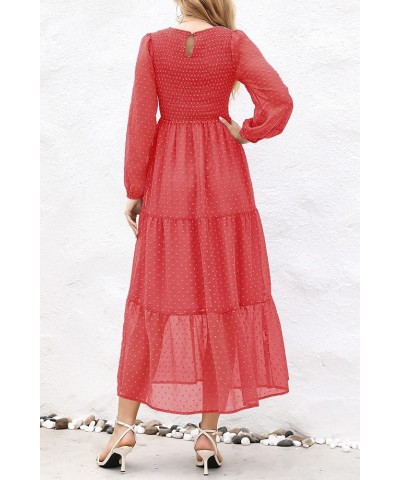 Women's Elegant Floral Long Sleeve Round Neck Smocked A-Line Flowy Tiered Maxi Dress with Pockets 01-rust Red $29.69 Dresses