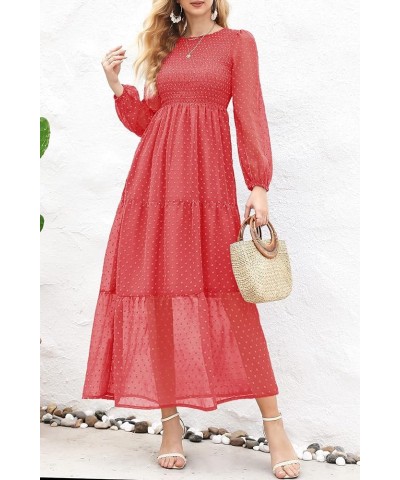 Women's Elegant Floral Long Sleeve Round Neck Smocked A-Line Flowy Tiered Maxi Dress with Pockets 01-rust Red $29.69 Dresses