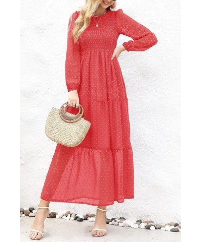 Women's Elegant Floral Long Sleeve Round Neck Smocked A-Line Flowy Tiered Maxi Dress with Pockets 01-rust Red $29.69 Dresses