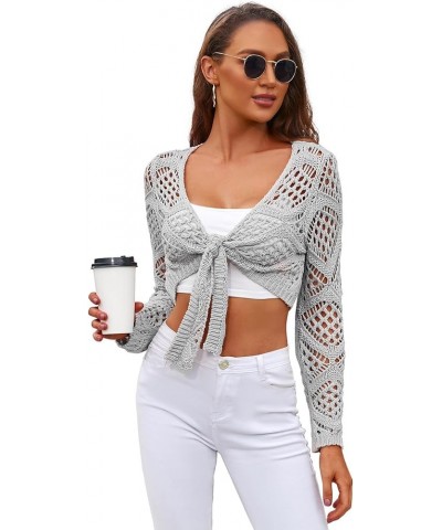 Womens Crochet Swimsuit Coverup Knit Crop Cardigan Long Sleeve Tie Front Sweater Grey $17.76 Swimsuits