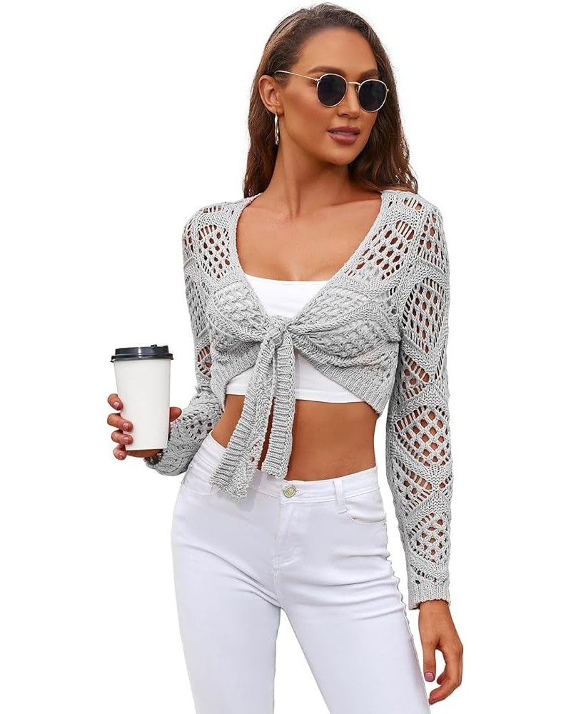 Womens Crochet Swimsuit Coverup Knit Crop Cardigan Long Sleeve Tie Front Sweater Grey $17.76 Swimsuits