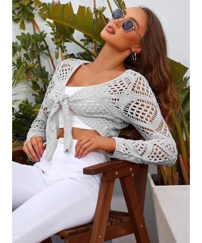 Womens Crochet Swimsuit Coverup Knit Crop Cardigan Long Sleeve Tie Front Sweater Grey $17.76 Swimsuits