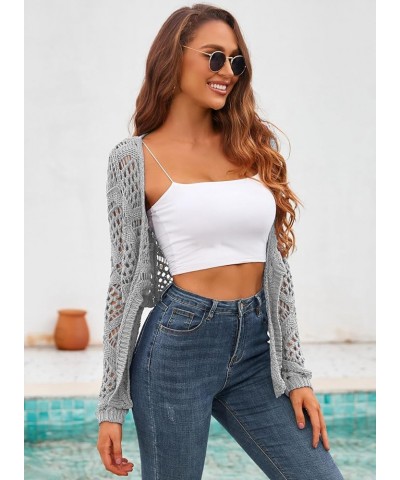 Womens Crochet Swimsuit Coverup Knit Crop Cardigan Long Sleeve Tie Front Sweater Grey $17.76 Swimsuits