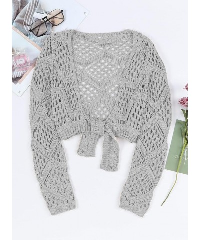 Womens Crochet Swimsuit Coverup Knit Crop Cardigan Long Sleeve Tie Front Sweater Grey $17.76 Swimsuits