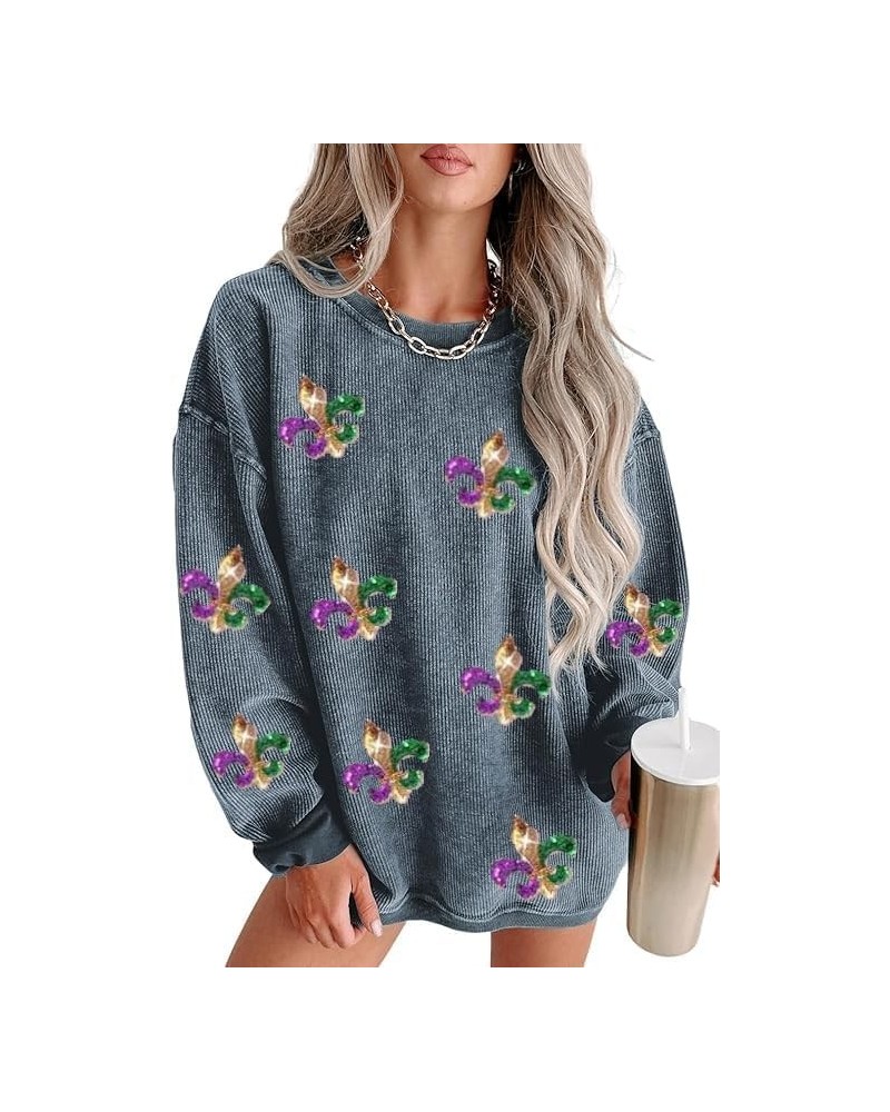 Mardi Gras Sweatshirt, Casual Sweatshirts Long Sleeve Crewneck Pullover Tops Fashion Hoodies Outfits for Women Blue $13.77 Ho...