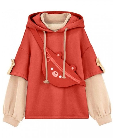 Brown Bear Hoodie for Women Teen Girls Fashion Long Sleeve Bear Sweatshirts Patchwork Animal Shirts with Cute Red $14.21 Hood...