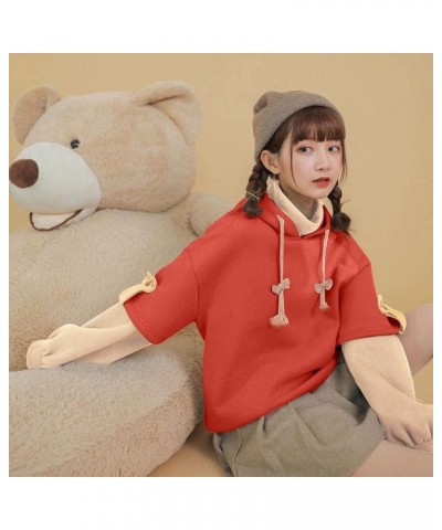 Brown Bear Hoodie for Women Teen Girls Fashion Long Sleeve Bear Sweatshirts Patchwork Animal Shirts with Cute Red $14.21 Hood...