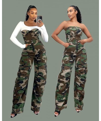 Women's Cargo Denim Jumpsuit Strapless Multi Pockets Wide Leg Loose Baggy Jean Romper Cargo Jeans W-nm876-camo $19.20 Jumpsuits