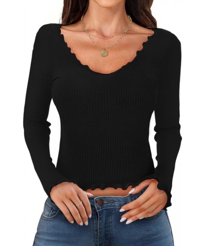 Women's Long Sleeve Crop Tops Low Cut Slim Fitted Ribbed Knit Basic Casual Tees Shirt Black $13.16 T-Shirts