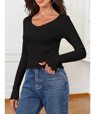 Women's Long Sleeve Crop Tops Low Cut Slim Fitted Ribbed Knit Basic Casual Tees Shirt Black $13.16 T-Shirts