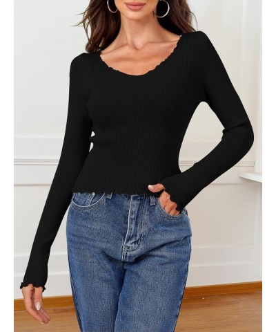 Women's Long Sleeve Crop Tops Low Cut Slim Fitted Ribbed Knit Basic Casual Tees Shirt Black $13.16 T-Shirts