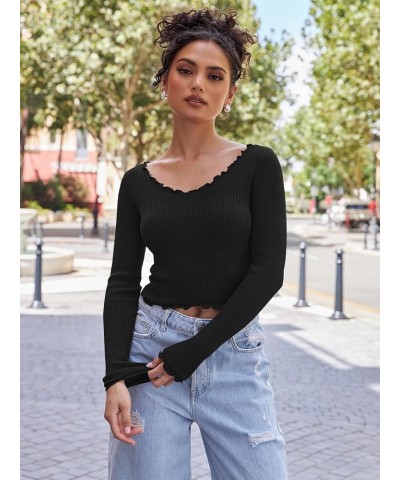 Women's Long Sleeve Crop Tops Low Cut Slim Fitted Ribbed Knit Basic Casual Tees Shirt Black $13.16 T-Shirts