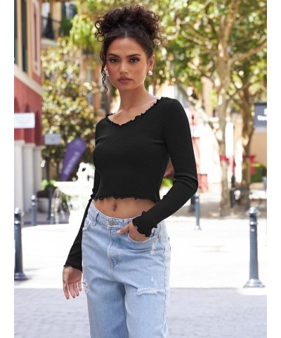 Women's Long Sleeve Crop Tops Low Cut Slim Fitted Ribbed Knit Basic Casual Tees Shirt Black $13.16 T-Shirts