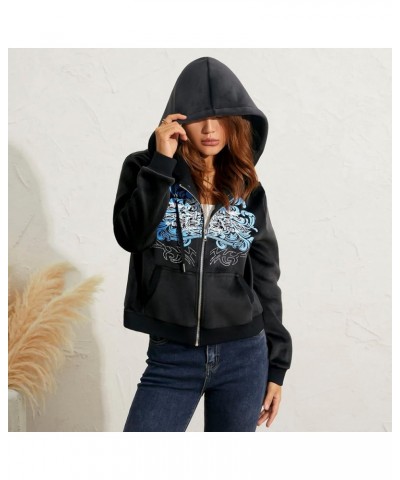 Women Cropped Zip Up Hoodie Y2K Grunge Aesthetic Sweatshirts Vintage Graphic Hooded Crop Jacket Fall Outfits Rhinestone Black...