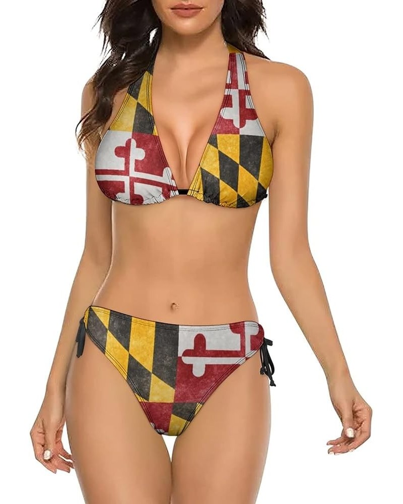 Women Two Piece Swimsuit Sexy Halter Bikini Sets Triangle Swimwear Bathing Suit Maryland Flag $18.80 Swimsuits