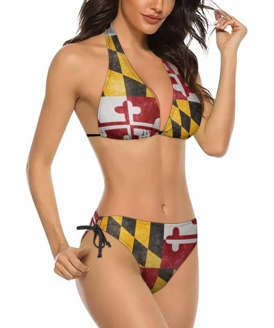 Women Two Piece Swimsuit Sexy Halter Bikini Sets Triangle Swimwear Bathing Suit Maryland Flag $18.80 Swimsuits