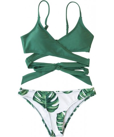 Women's Two Piece V Neck Wrap Back Tie Bikini Set Green Floral $16.80 Swimsuits