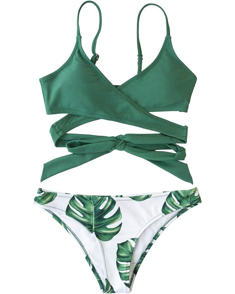 Women's Two Piece V Neck Wrap Back Tie Bikini Set Green Floral $16.80 Swimsuits