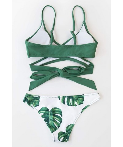 Women's Two Piece V Neck Wrap Back Tie Bikini Set Green Floral $16.80 Swimsuits