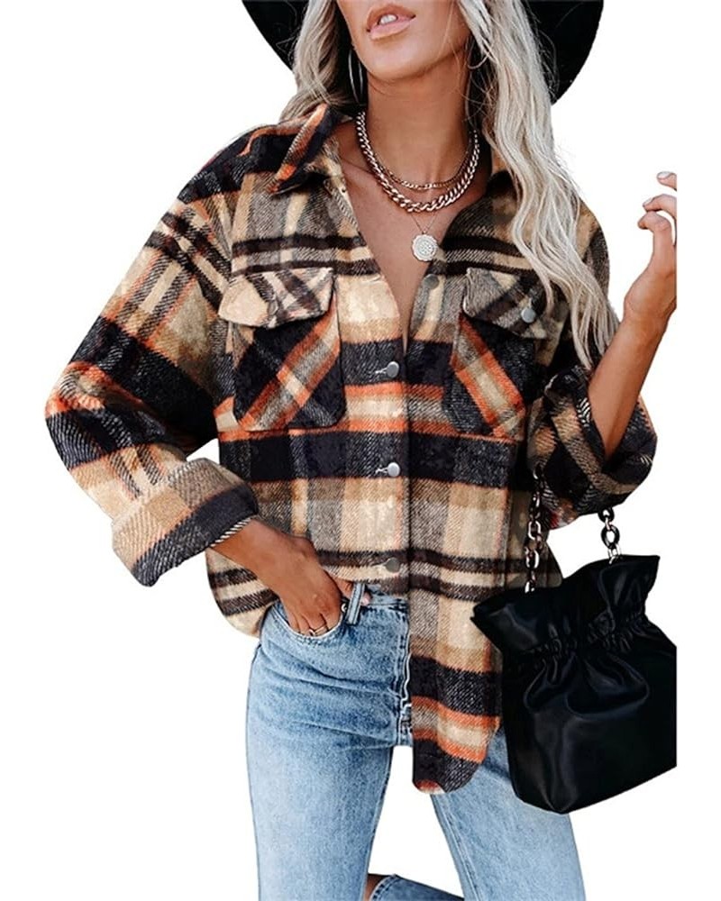 Womens Long Sleeve Tops Dressy Casual Trendy Plaid Printed Button Down Blouses Oversized Shacket Jacket Fall Outfits A Orange...