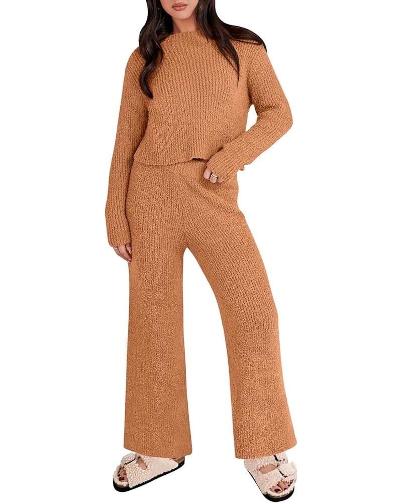 Women's Two Piece Outfits Chunky Knit Fuzzy Sweater Set Long Sleeve Crop Pullover Wide Leg Pant Matching Lounge Set Orange $2...