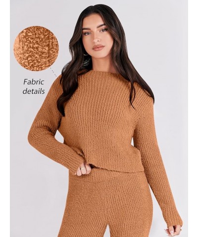 Women's Two Piece Outfits Chunky Knit Fuzzy Sweater Set Long Sleeve Crop Pullover Wide Leg Pant Matching Lounge Set Orange $2...