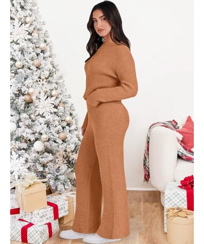 Women's Two Piece Outfits Chunky Knit Fuzzy Sweater Set Long Sleeve Crop Pullover Wide Leg Pant Matching Lounge Set Orange $2...