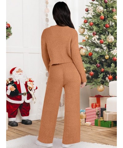 Women's Two Piece Outfits Chunky Knit Fuzzy Sweater Set Long Sleeve Crop Pullover Wide Leg Pant Matching Lounge Set Orange $2...