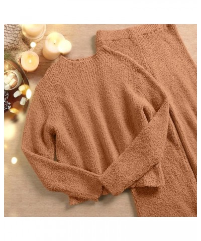 Women's Two Piece Outfits Chunky Knit Fuzzy Sweater Set Long Sleeve Crop Pullover Wide Leg Pant Matching Lounge Set Orange $2...