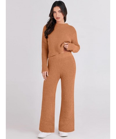 Women's Two Piece Outfits Chunky Knit Fuzzy Sweater Set Long Sleeve Crop Pullover Wide Leg Pant Matching Lounge Set Orange $2...