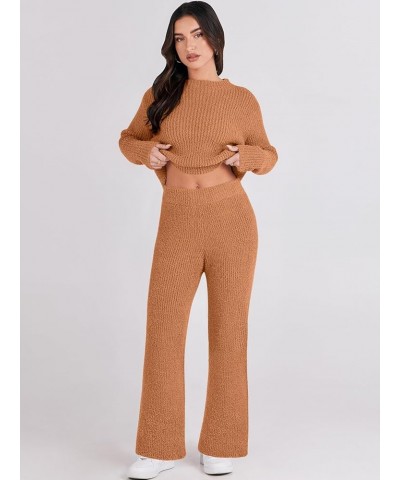 Women's Two Piece Outfits Chunky Knit Fuzzy Sweater Set Long Sleeve Crop Pullover Wide Leg Pant Matching Lounge Set Orange $2...