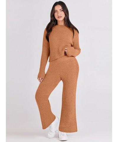 Women's Two Piece Outfits Chunky Knit Fuzzy Sweater Set Long Sleeve Crop Pullover Wide Leg Pant Matching Lounge Set Orange $2...