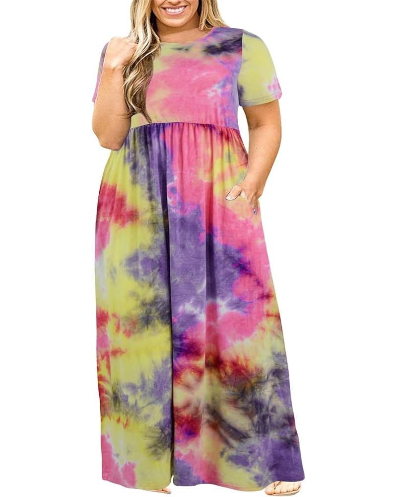 Women Short Sleeve Loose Plain Casual Plus Size Long Maxi Dress with Pockets Purple Dyed $21.44 Dresses