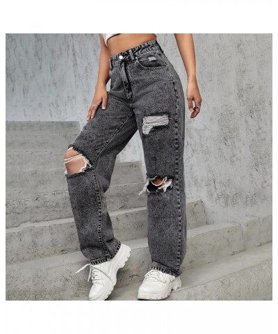 Womens Ripped Jeans Distressed Jeans Mid Rise Jeans Baggy Jeans Stretchy Trousers Torn Jeans Y2K Denim Jeans Grey $18.86 Jeans