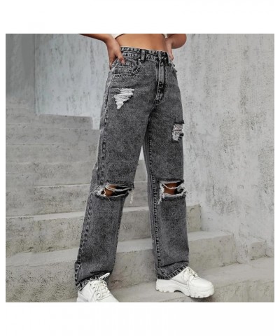 Womens Ripped Jeans Distressed Jeans Mid Rise Jeans Baggy Jeans Stretchy Trousers Torn Jeans Y2K Denim Jeans Grey $18.86 Jeans