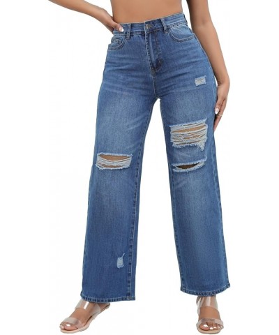 Women's Ripped Wide Leg Jeans Distressed Mid Rise Stretchy Denim Pants Dark Blue $19.68 Jeans