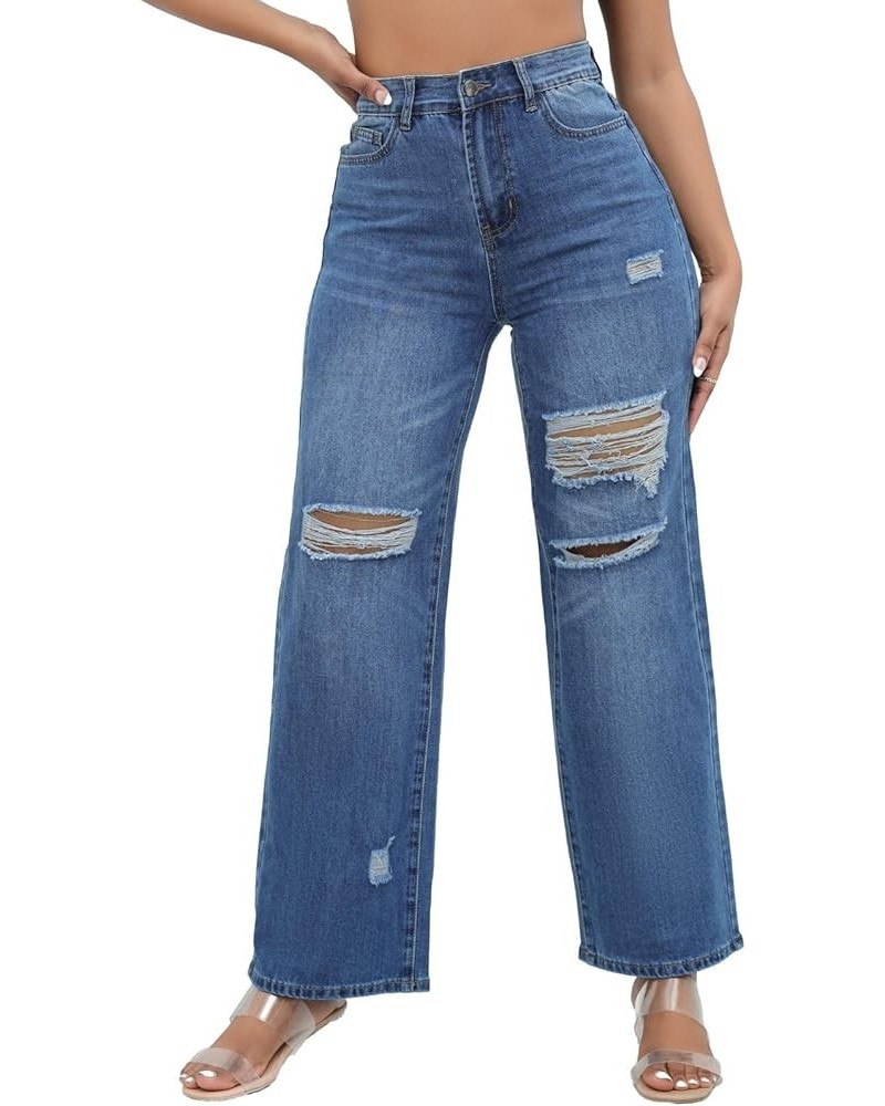 Women's Ripped Wide Leg Jeans Distressed Mid Rise Stretchy Denim Pants Dark Blue $19.68 Jeans