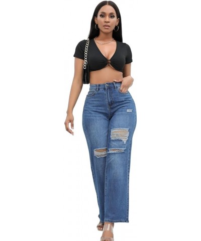 Women's Ripped Wide Leg Jeans Distressed Mid Rise Stretchy Denim Pants Dark Blue $19.68 Jeans