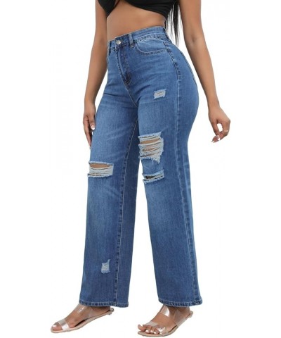 Women's Ripped Wide Leg Jeans Distressed Mid Rise Stretchy Denim Pants Dark Blue $19.68 Jeans