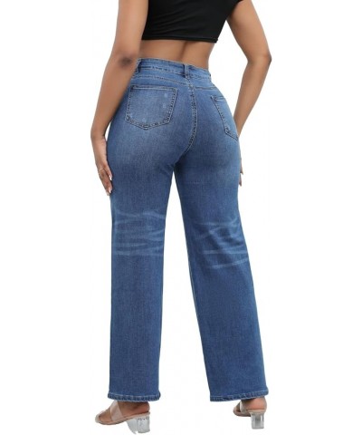 Women's Ripped Wide Leg Jeans Distressed Mid Rise Stretchy Denim Pants Dark Blue $19.68 Jeans