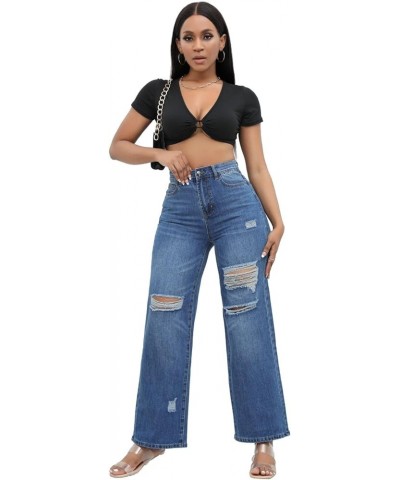 Women's Ripped Wide Leg Jeans Distressed Mid Rise Stretchy Denim Pants Dark Blue $19.68 Jeans