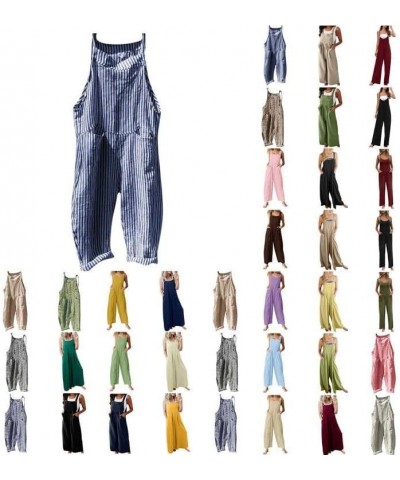 Linen Jumpsuits for Women Summer 2023 Casual Loose Plus Size Wide Leg Overalls Sleeveless Striped Romper with Pocket A-blue $...