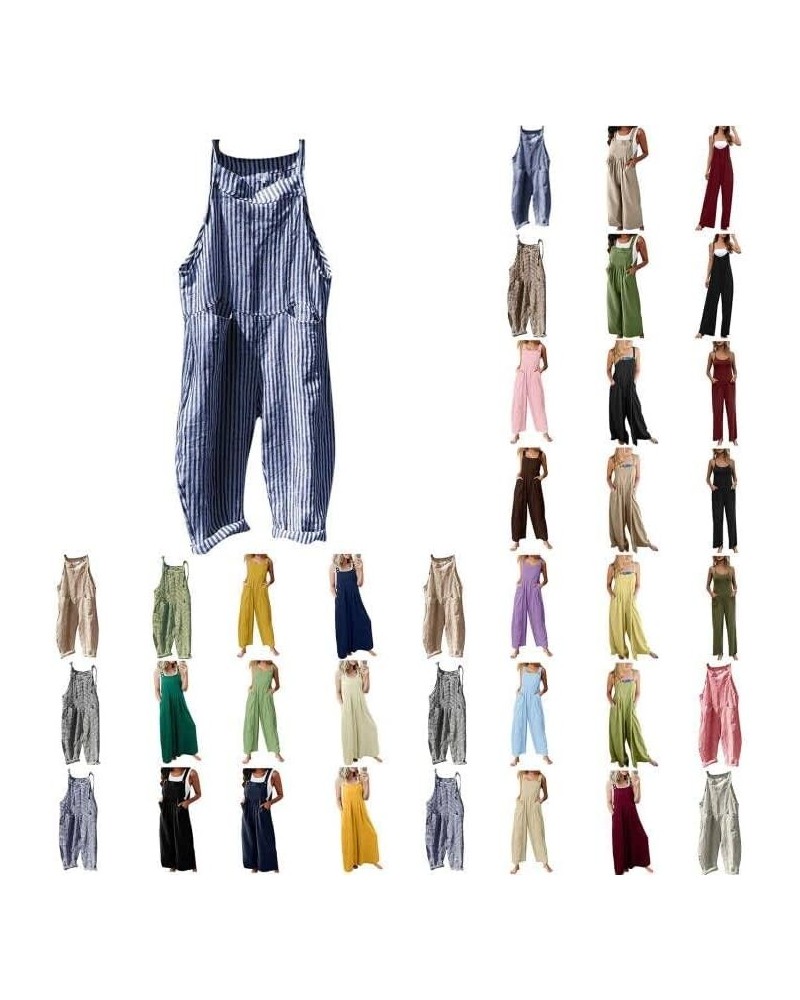 Linen Jumpsuits for Women Summer 2023 Casual Loose Plus Size Wide Leg Overalls Sleeveless Striped Romper with Pocket A-blue $...