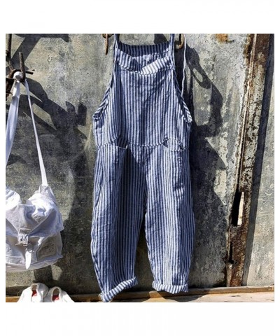 Linen Jumpsuits for Women Summer 2023 Casual Loose Plus Size Wide Leg Overalls Sleeveless Striped Romper with Pocket A-blue $...