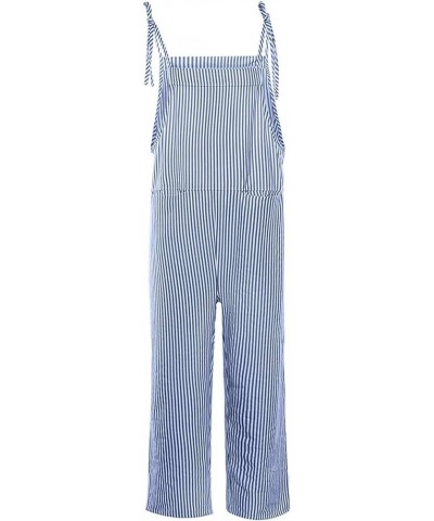 Linen Jumpsuits for Women Summer 2023 Casual Loose Plus Size Wide Leg Overalls Sleeveless Striped Romper with Pocket A-blue $...