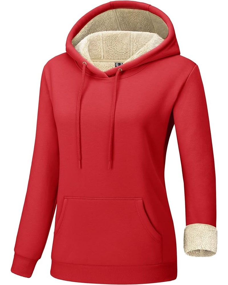 Women's Sherpa Lined Pullover Hoodies Cotton Fleece Sweatshirt Active Hooded With Pockets Casual Classic Tops Tomato Red $23....